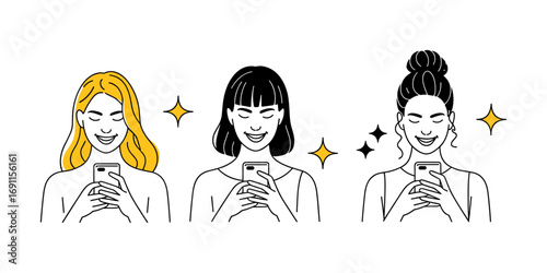 Minimalist Illustration of Three Women Using Smartphones with Different Hairstyles Sparkles