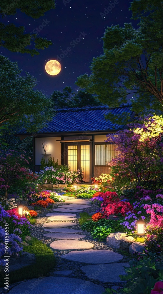 Fototapeta premium A Japanese-style bungalow with bright lights, flowers, and trees in the yard under moonlight