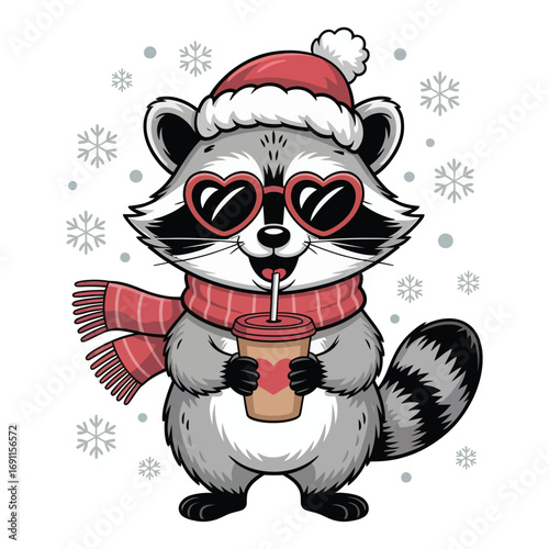 Hand drawn cartoon illustration featuring a happy raccoon centrally located on a clean white background. Raccoon standing symmetrically and wearing a festive red Christmas hat