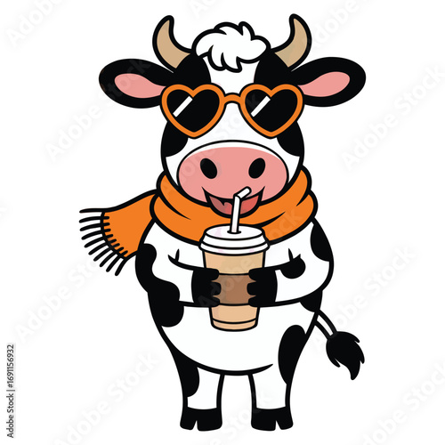 A happy moo cow standing symmetrically on a white background, wearing an orange scarf, wearing orange heart-shaped sunglasses.