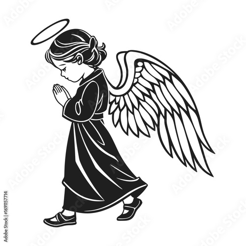 Praying Angel Child Illustration in Black and White