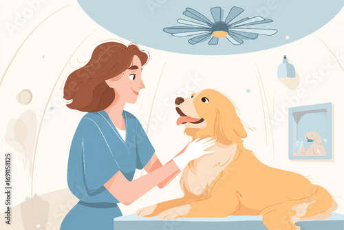 Caring veterinarian examining a golden retriever in a clinic setting a happy and healthy pet is the goal
