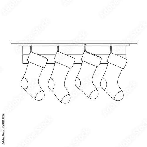 Four Christmas Stockings Hanging on a Wooden Mantelpiece Outline