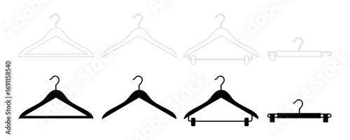 This vector graphic showcases various coat hanger styles, including standard triangular hangers and wider, flat hangers.