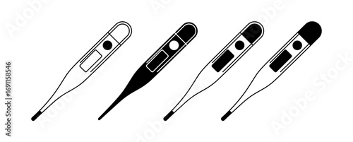 This image presents a collection of simple, black and white icons depicting various types of digital thermometers.