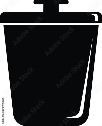 Illustration of a black trash can with lid, represents waste management, recycling, and environmental awareness in a simple design