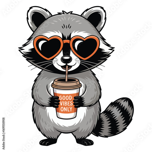 A raccoon is depicted on a white background, holding a takeaway coffee cup.