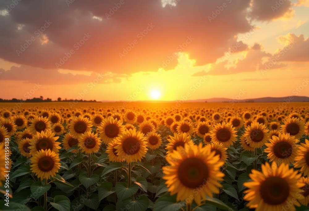 Obraz premium breathtaking sunset over sprawling sunflower fields vibrant sky golden blooms nature scenery agriculture beauty, landscape, countryside, horizon, vista
