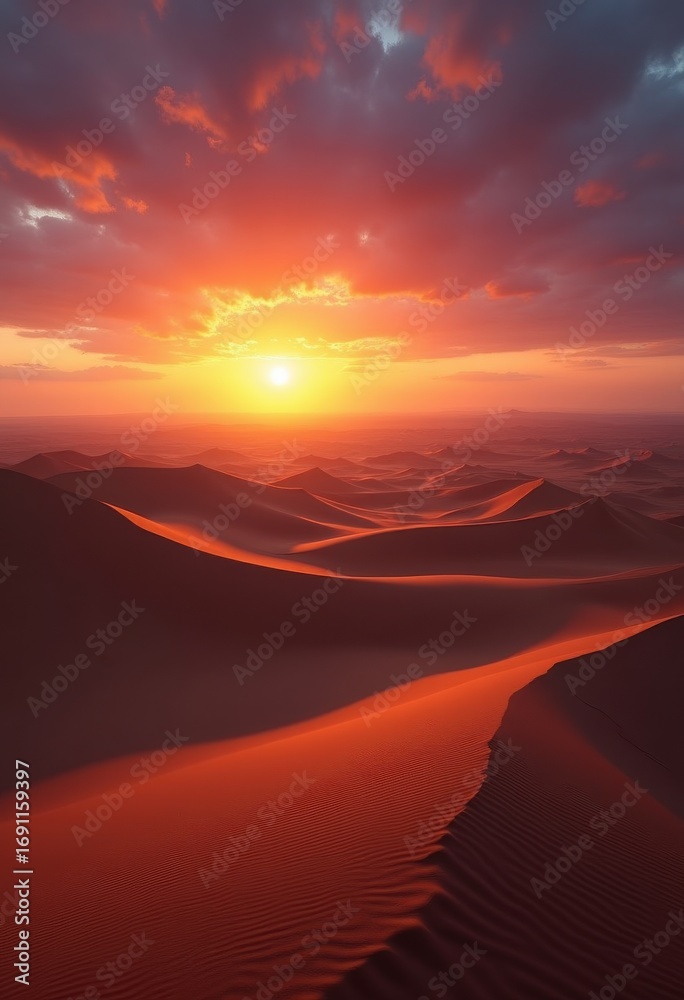 Naklejka premium captivating sand dunes sunset dramatic shadows desert landscape vibrant hues golden hour tranquil atmosphere, nature, textures, patterns, elevation, silhouette