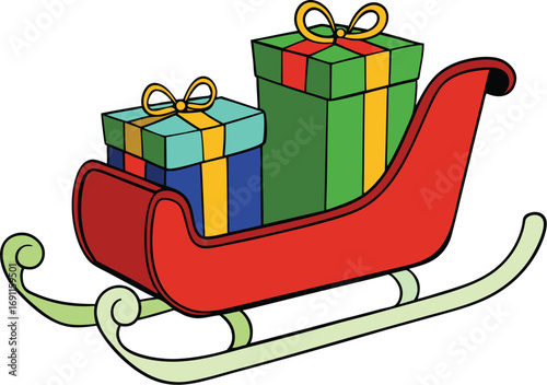 Red cartoon sleigh filled with Christmas gift boxes