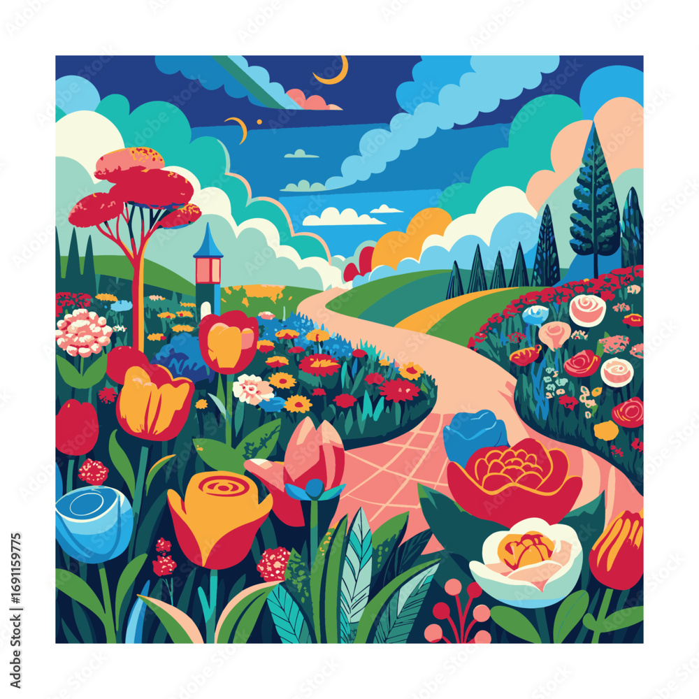 Obraz premium Colorful Cartoon Landscape with Flowers, Trees, and Winding Path