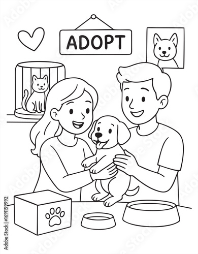 Happy couple adopting a puppy at animal shelter, cute dog and cat, black and white coloring page illustration with adoption theme.