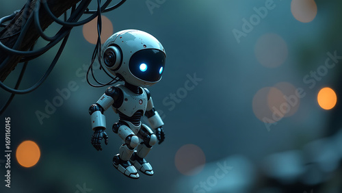 diminutive robotic figure glowing blue optics metallic limbs hangs network wires set dark atmospheric