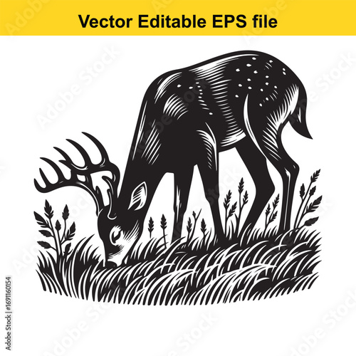 A black and white illustration of a deer grazing in tall grass, isolated on white background