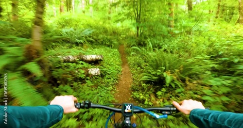 POV Forest Mountain Bike Ride on Narrow Trail Pacific Northwest