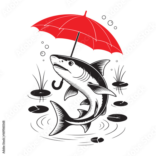 Creative Illustration of Shark Holding Red Umbrella in Water with Lily Pads