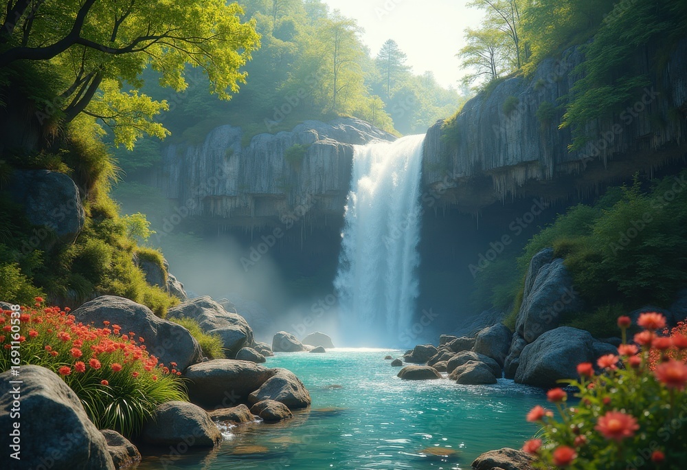 Fototapeta premium dramatic rocky cliffside breathtaking waterfalls serene cascades nature scene tranquil landscape outdoor adventure, view, pano, drop, stream, mountain