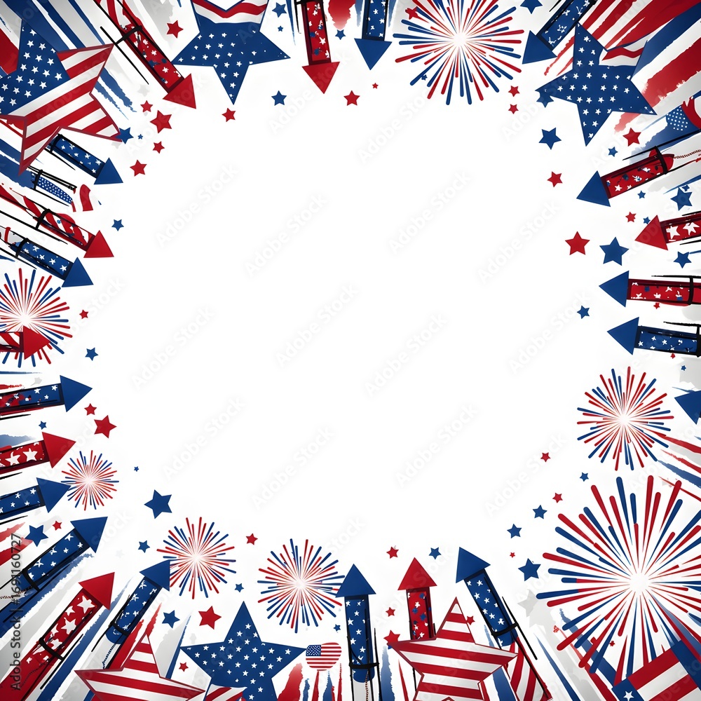 Fototapeta premium Patriotic 4th of July concept: red, white, and blue star-shaped fireworks and flag elements on a clean background.