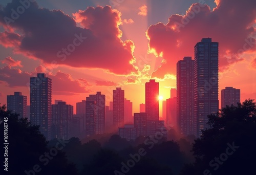 dramatic sunset city skyline silhouettes colorful clouds urban landscape twilight view, dusk, evening, building, architecture, horizon, reflection, scene