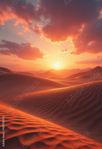 textured sand dunes desert landscape under vibrant colorful sunset sky, light, cloud, horizon, pattern, shadow, scenery, isolate, serene, silhouette