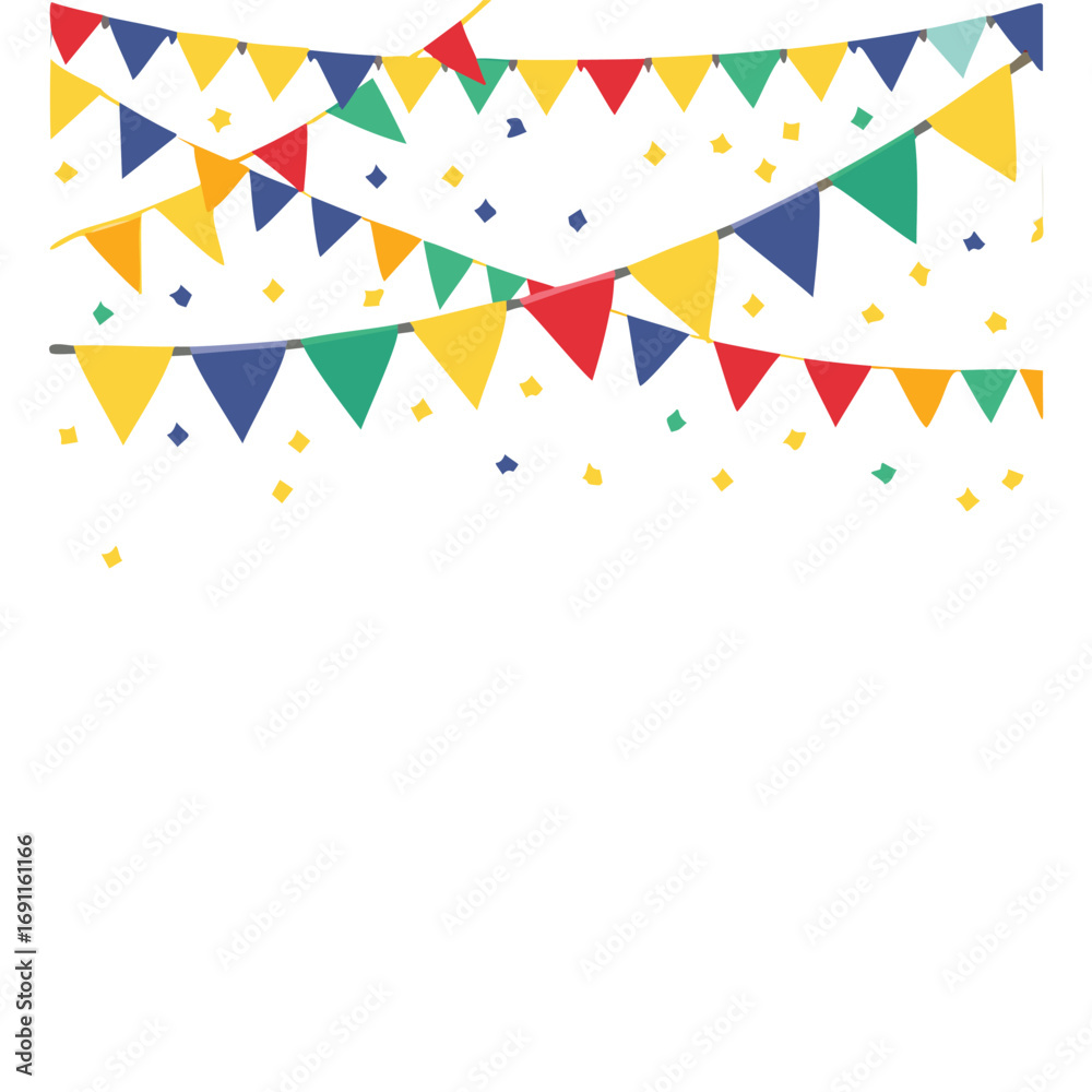 Fototapeta premium Colorful triangular bunting flags and confetti party celebration