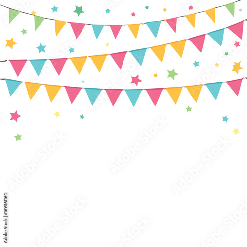 Colorful triangular bunting flags and stars party celebration