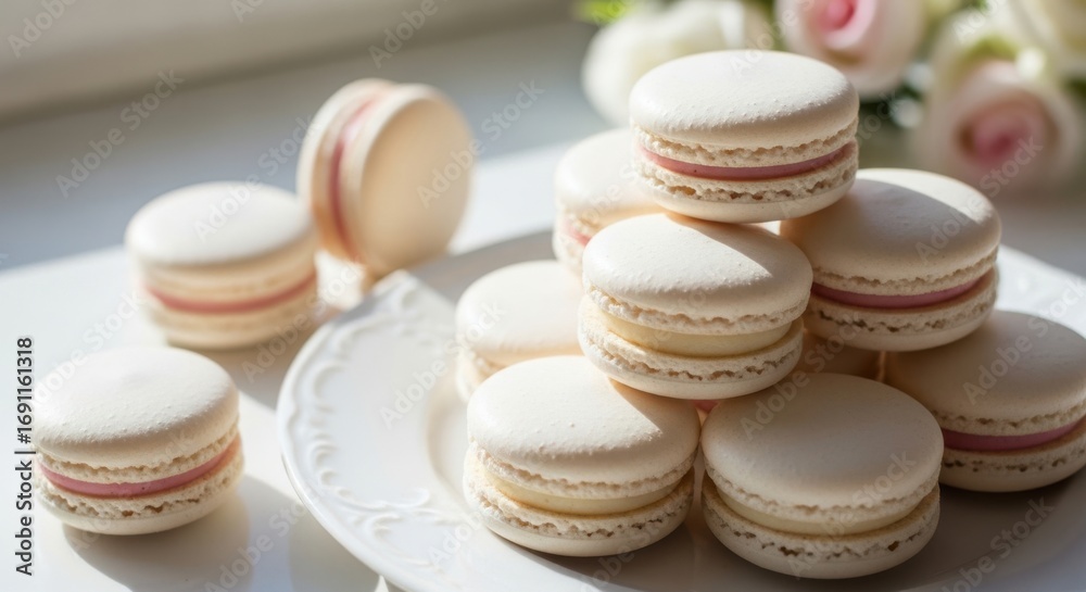 Obraz premium Delicious Cream Colored Macarons with Delicate Pink Filling Stacked on a White Plate