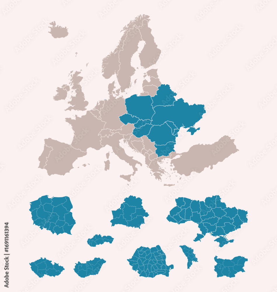 Naklejka premium Eastern Europe map with regions. Includes Poland, Czech Republic, Slovakia, Hungary, Romania, Bulgaria, Ukraine, Belarus, Moldova. Detailed Europe map isolated on white background.