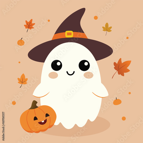Cute Chibi Ghost in Witch Hat Vector Graphic
