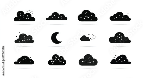 Collection of Black Clouds with Constellation Design Elements for Night Sky Inspired Artwork and Graphics