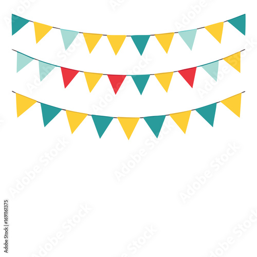 Festive colorful triangular bunting flags strung across white background vector