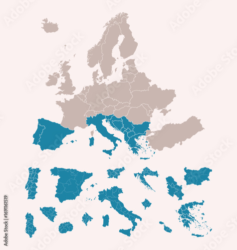 Southern Europe map with regions. Includes Portugal, Spain, Italy, Greece, Malta, Cyprus, Andorra, San Marino, Monaco, Vatican. Detailed Europe map isolated on white background.