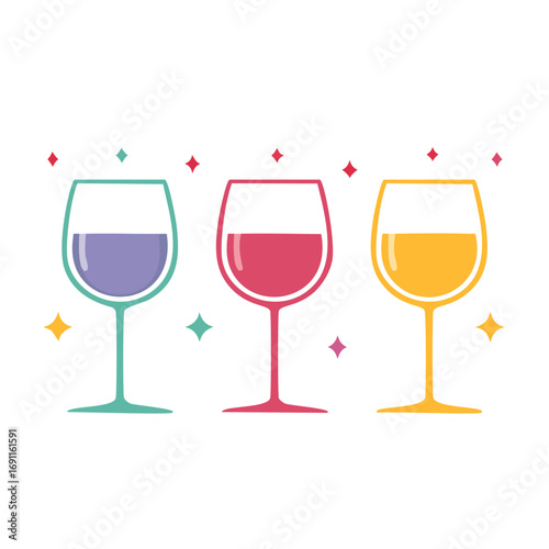 Three colorful wine glasses with sparkling stars purple wine pink wine