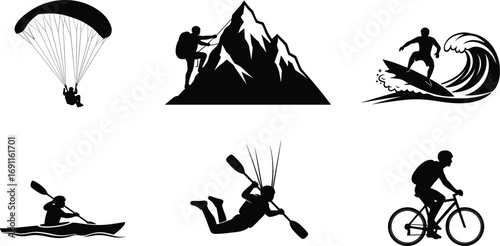 Adventure sports silhouettes, mountain climbing, surfing, paragliding, kayaking, cycling, extreme sports vector, outdoor activities, travel lifestyle, fitness icons design