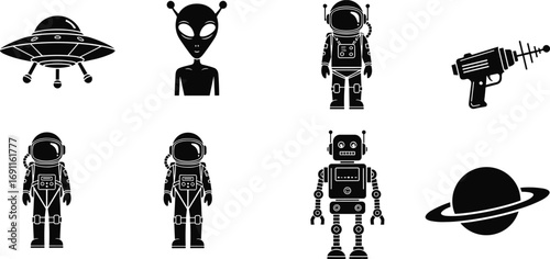 Alien, Astronaut, Robot, UFO, Ray Gun and Planet Icon Set, Futuristic Space Vector Silhouettes, Science Fiction Technology Graphics
