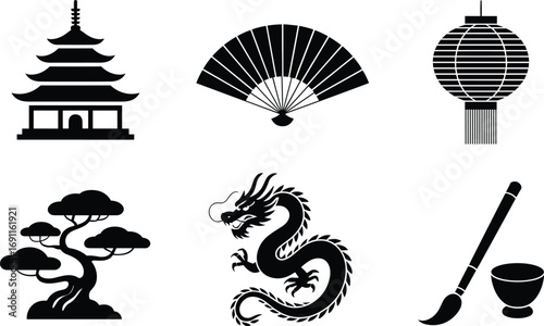 Asian culture, dragon icon, Chinese fan, temple silhouette, bonsai tree, lantern vector, calligraphy brush, traditional art, oriental symbols, black icon set, East Asian design, cultural