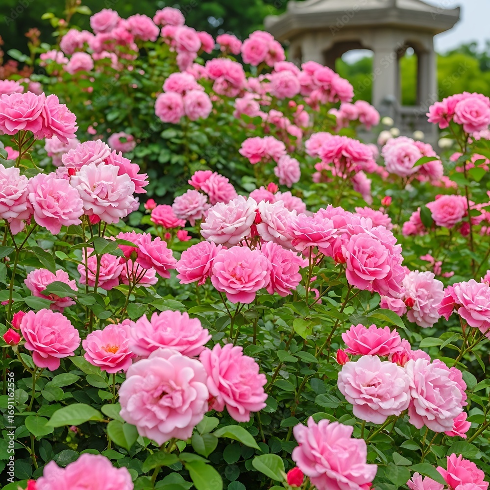 Abundant pink roses bloom in a lush garden landscape with a gazebo structure
