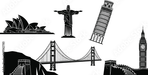 Famous World Landmarks Icon Set, Black Silhouettes of Global Tourist Attractions, International Travel Icons