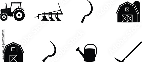 Farm tractor with plow tool, sickle, barn, watering can, agricultural farming equipment, rural farm icons, gardening and cultivation tools
