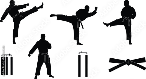 Karate silhouette vector set, martial arts training, kicking, punching poses, black belt, nunchaku weapon, self defense, combat sport illustration
