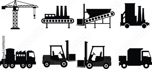 Industrial machinery and transport icons set, crane, conveyor belt, forklift, factory truck, manufacturing equipment, logistics vehicle, heavy industry, cargo handling