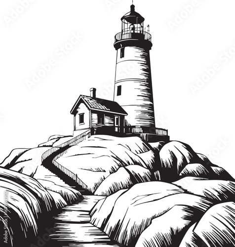 This evocative black and white illustration showcases a classic lighthouse and its accompanying keeper's house perched atop a dramatic rocky coastline.