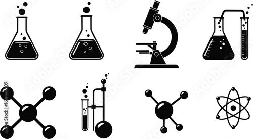 Science and chemistry icons set with microscope, test tubes, beakers, molecular structures, atom model, laboratory equipment, research symbols