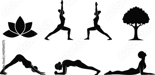Yoga poses silhouette, meditation exercise vector, lotus flower, wellness icons, stretching body, balance posture, mindfulness design, fitness lifestyle, healthy practice