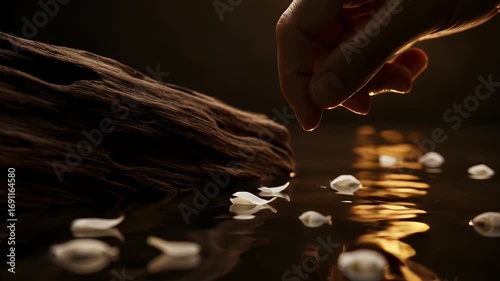 Close-Up Hand Touching Water with Floating White Petals in Warm Golden Light