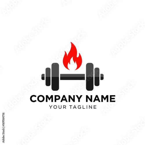Fiery fitness logo design; barbell with flame, company branding.