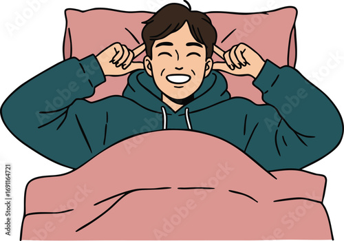 Young man waking up stretching happily in bed with pink bedding and teal hoodie vector illustration 