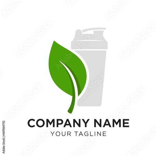 Green leaf and protein shaker logo design for a healthy lifestyle brand.