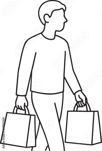 Man carrying shopping bags line art illustration silhouette on transparent background