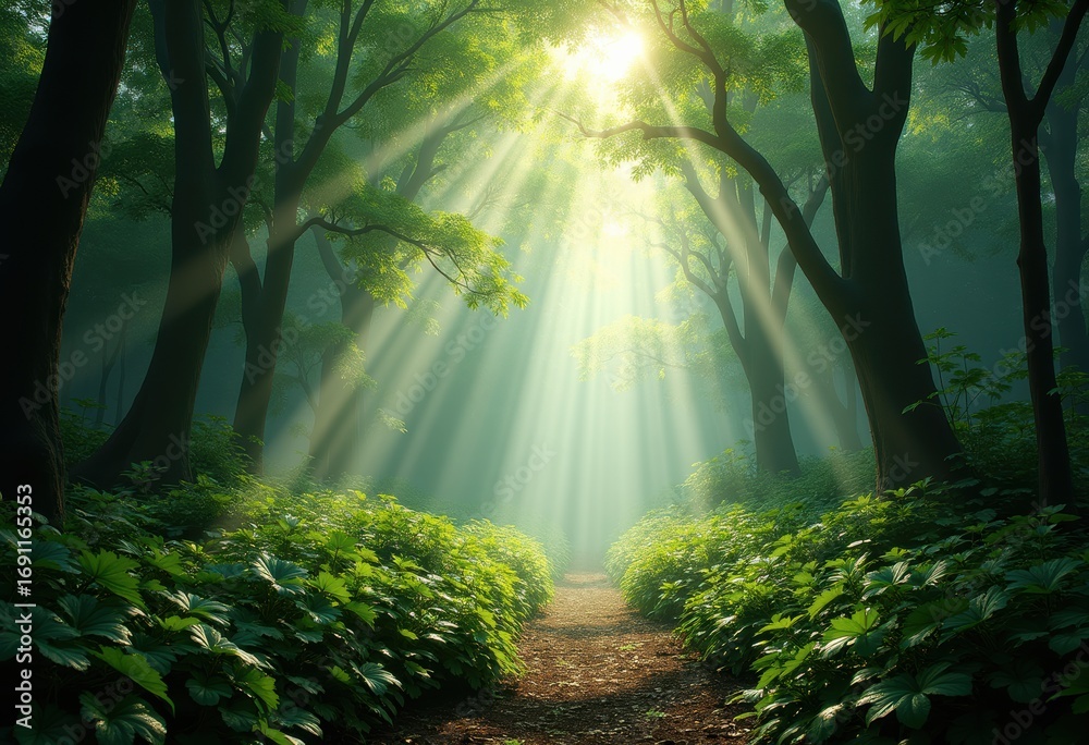 Obraz premium lush forest canopy morning sunlight nature serenity greenery illumination peaceful atmosphere vibrant foliage, trees, leaves, shade, woodland, vegetation